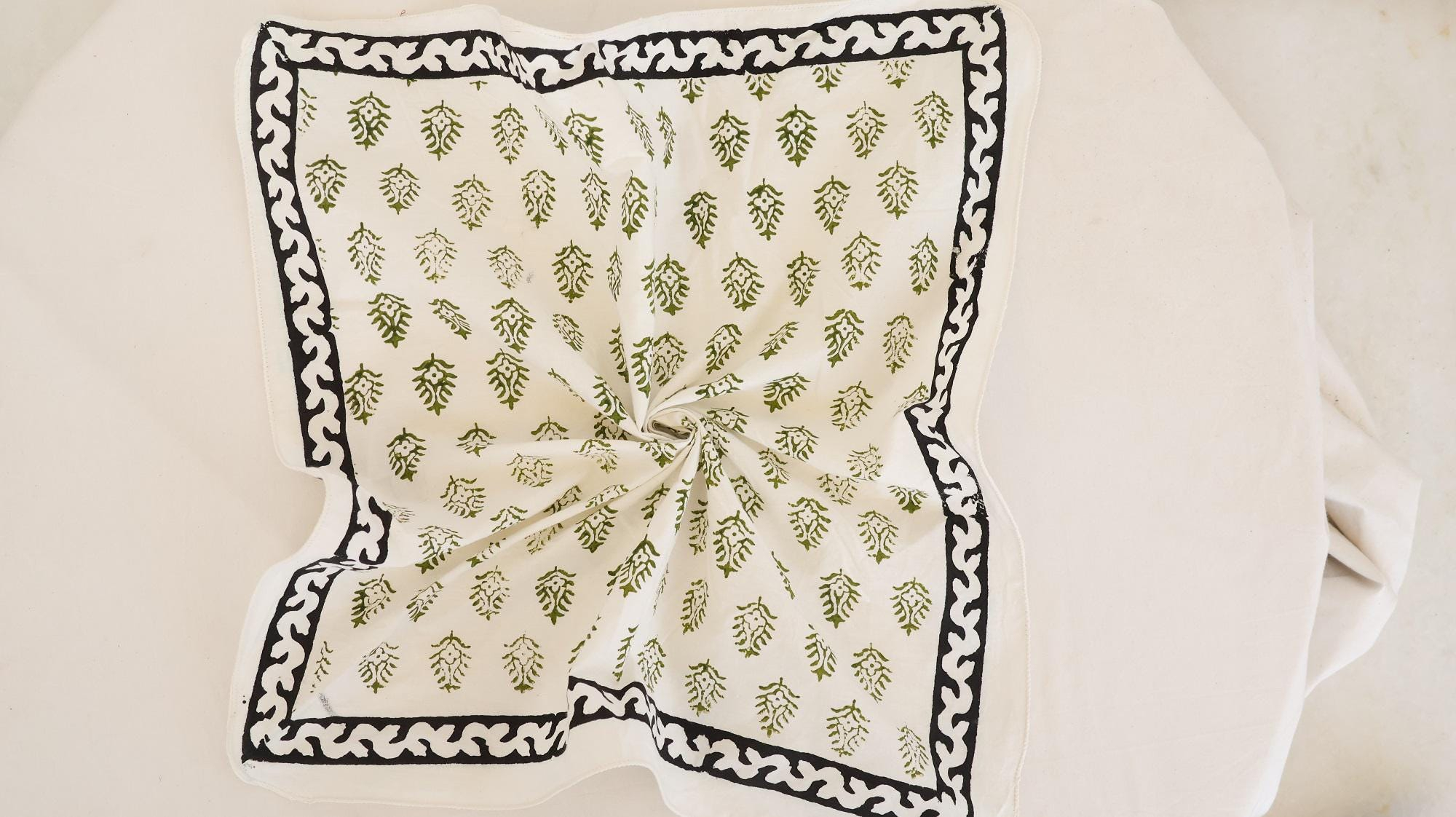 Ivory Green Botanical Black Border Bandana Scarf - Image 2