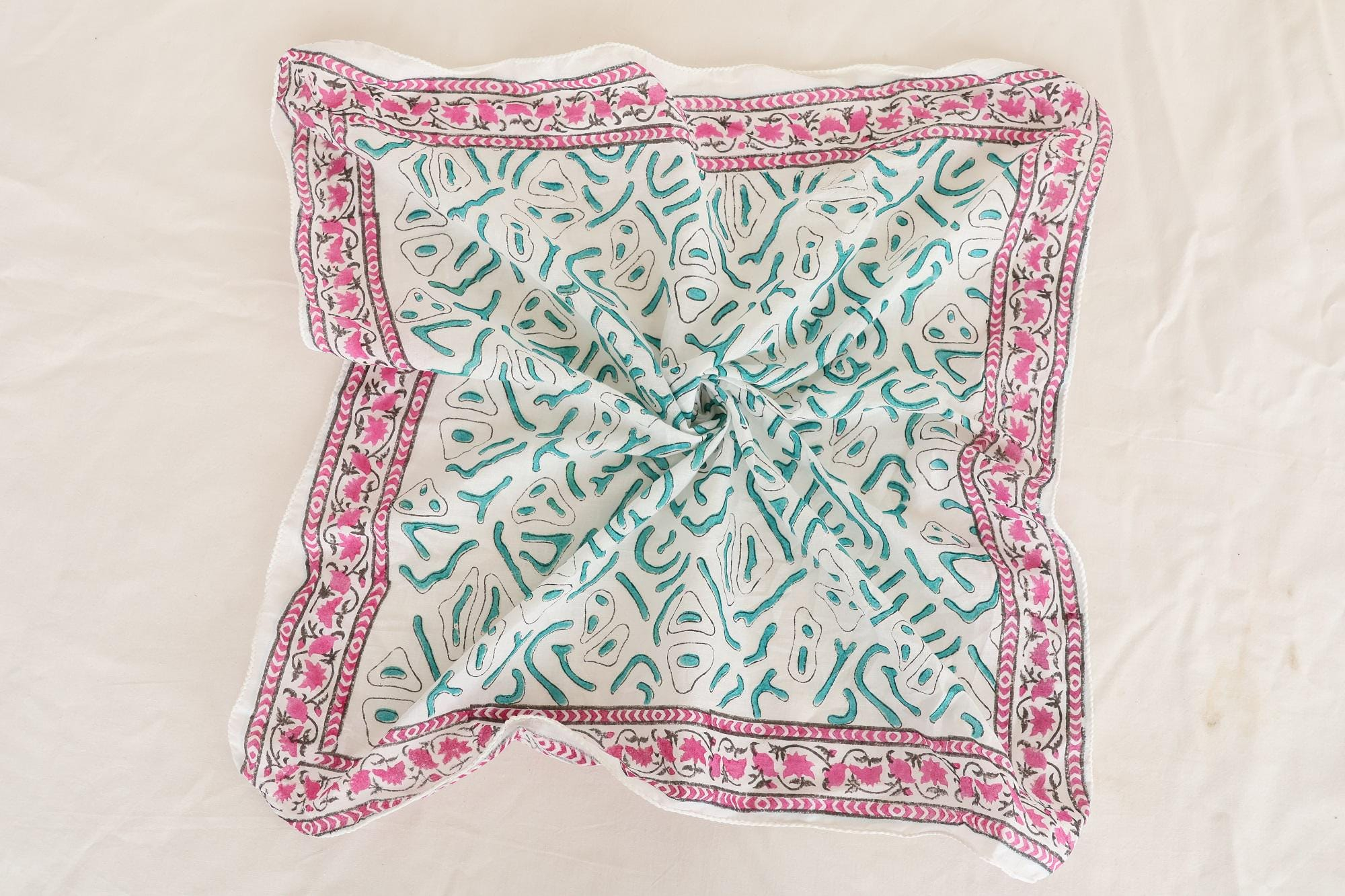 Pink Floral Turquoise Paisley Bandana Scarf - Image 2