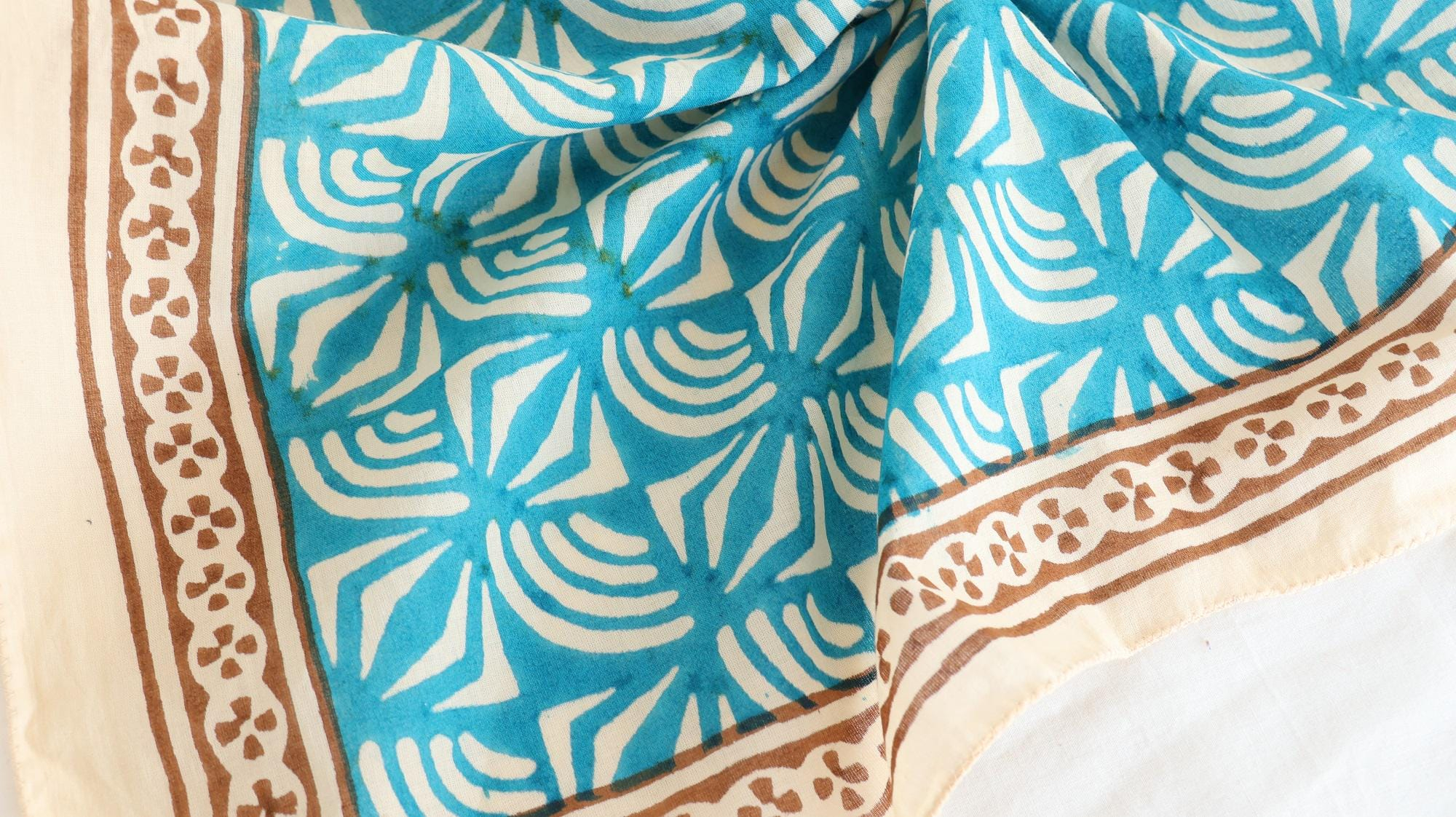 Turquoise Blue Wave Brown Floral Border Bandana Scarf - Image 2