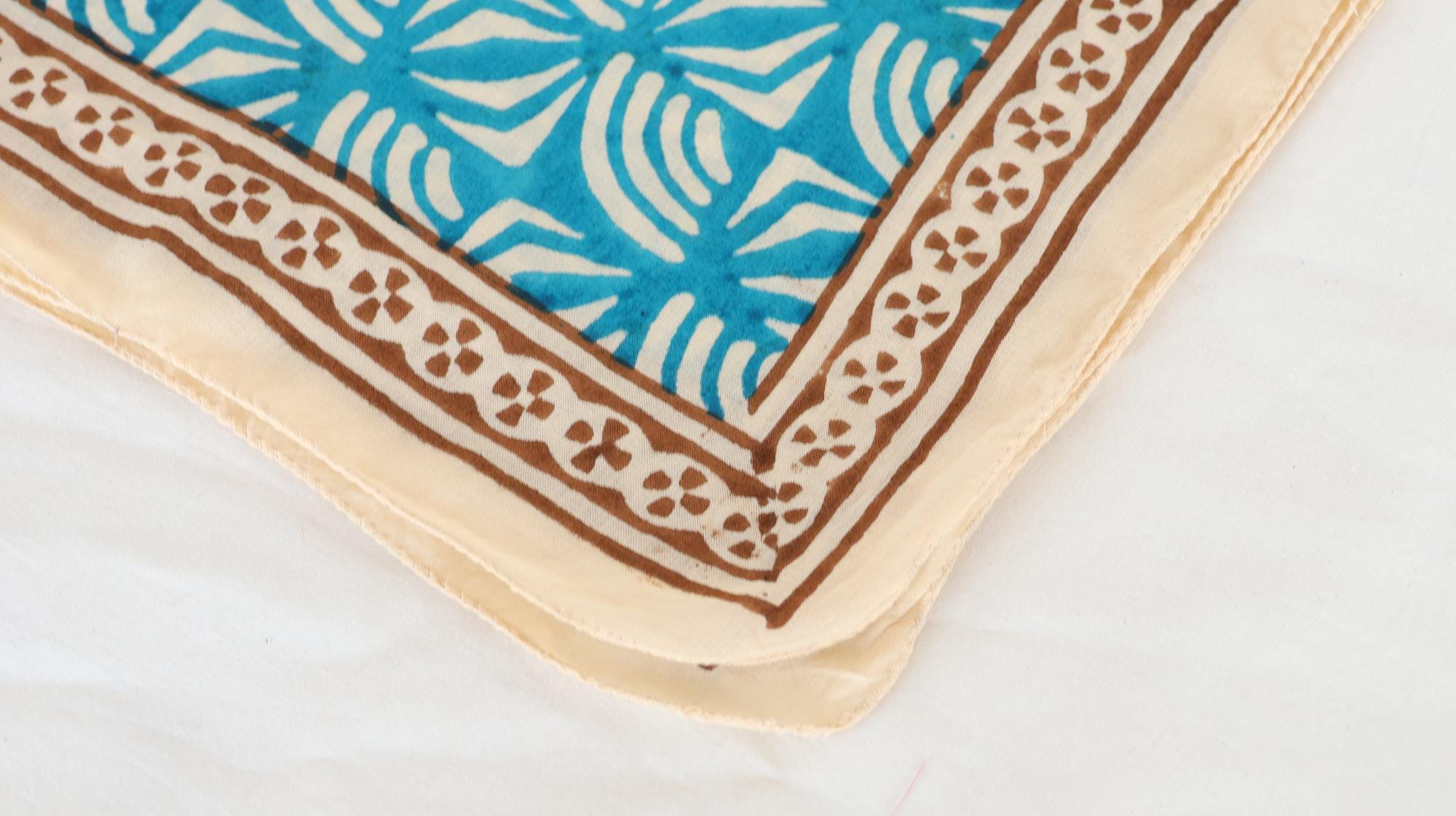 Turquoise Blue Wave Brown Floral Border Bandana Scarf - Image 5