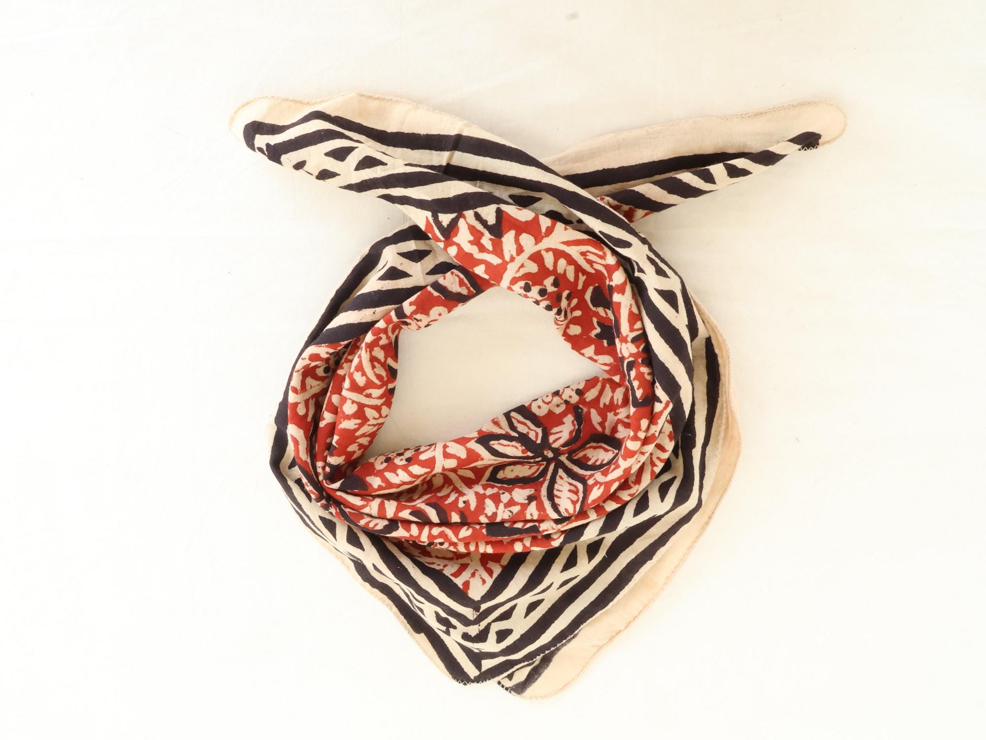 Red Floral Black Geometric Stripe Bandana Scarf - Image 2