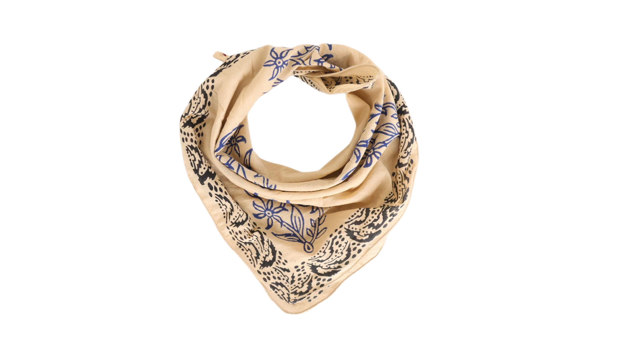 Beige Cobalt Blue Floral Black Paisley Bandana Scarf