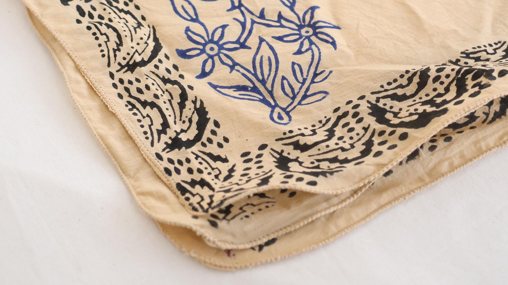 Beige Cobalt Blue Floral Black Paisley Bandana Scarf - Image 2