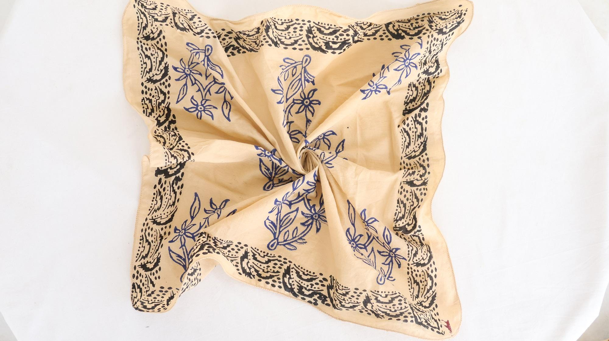 Beige Cobalt Blue Floral Black Paisley Bandana Scarf - Image 3