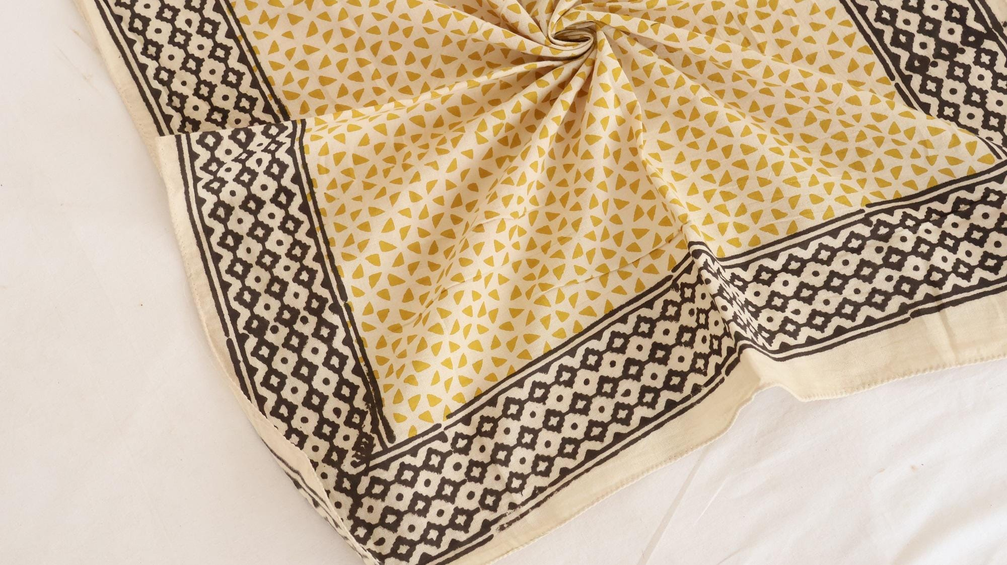 Mustard Yellow Geometric Black Border Bandana Scarf - Image 3